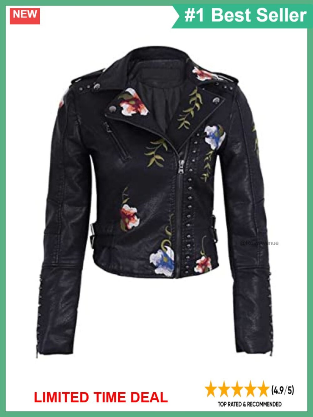 Faux Leather Moto Jacket Embroidered Studded Floral Cropped Biker